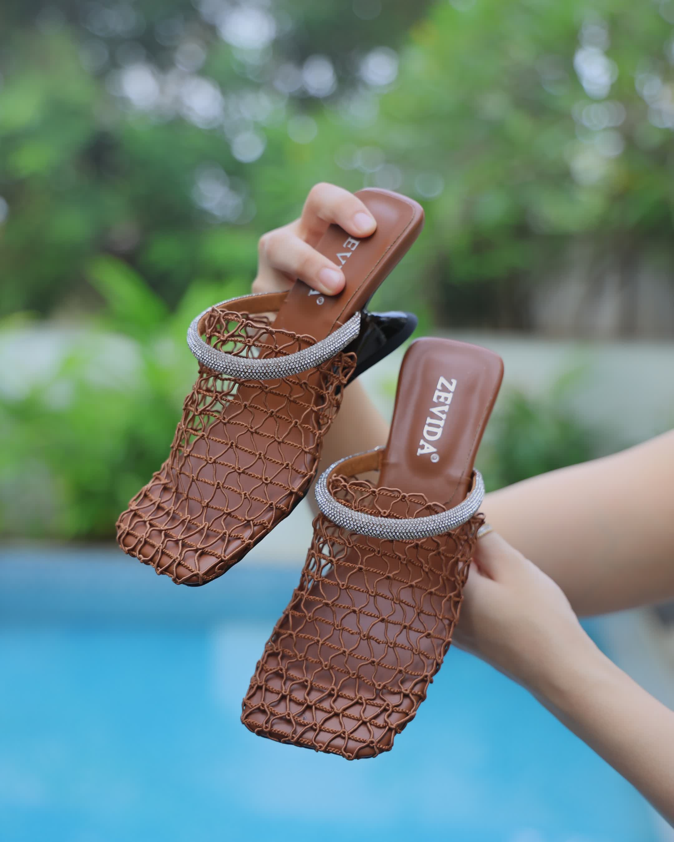 Brown Knitted Mesh Heels