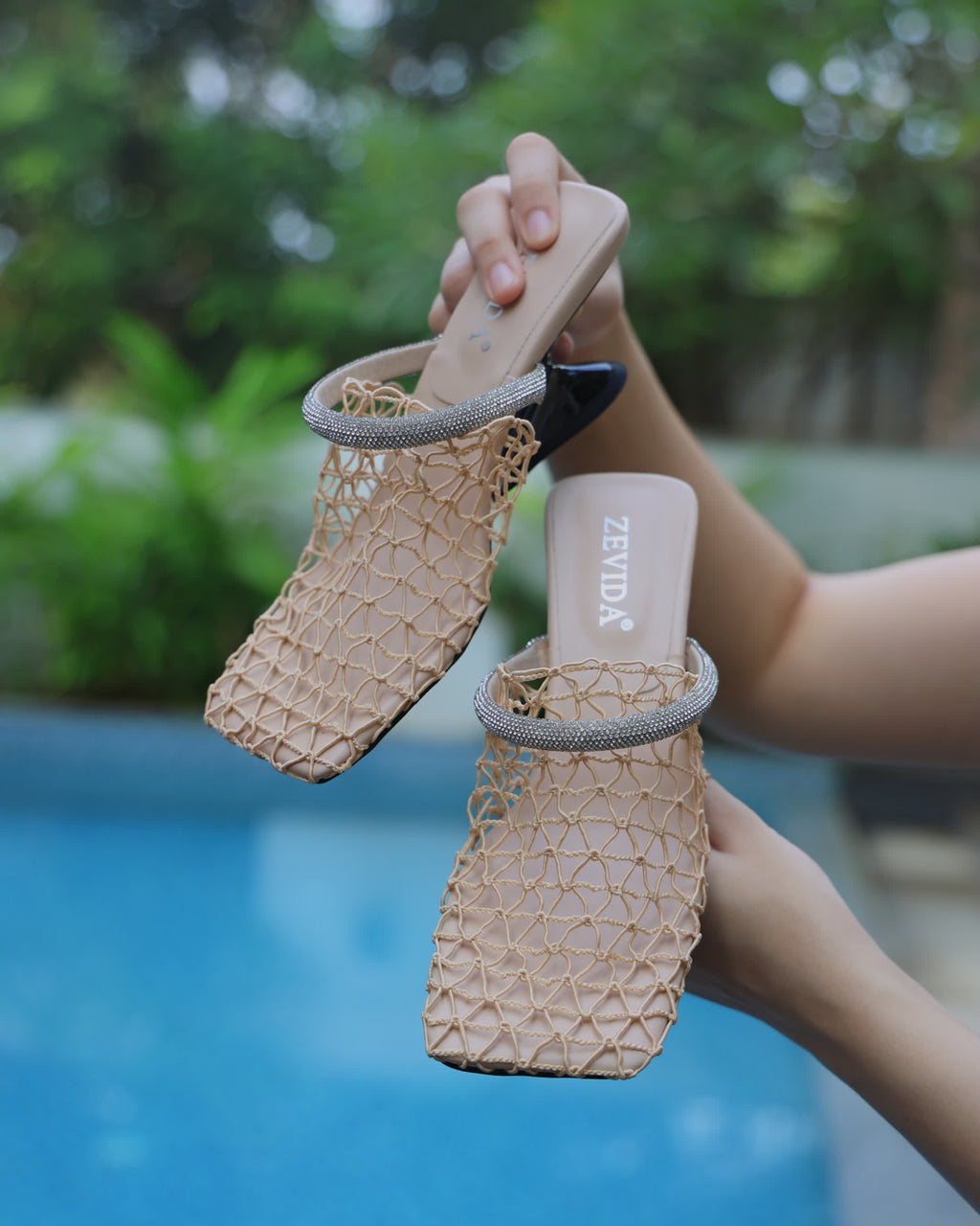 Beige Knitted Mesh Heels