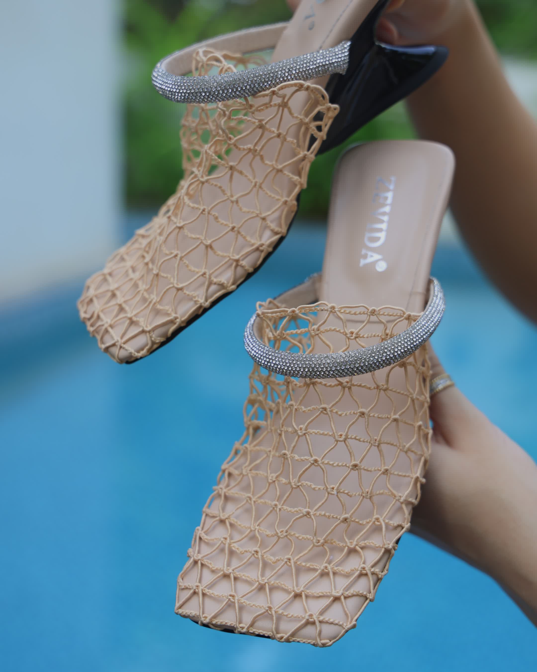 Beige Knitted Mesh Heels