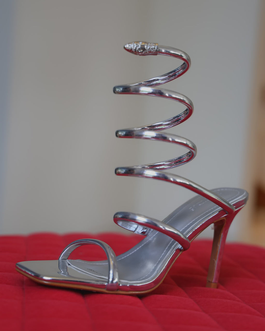 Silver Ankle Snake Wrap Stilletos