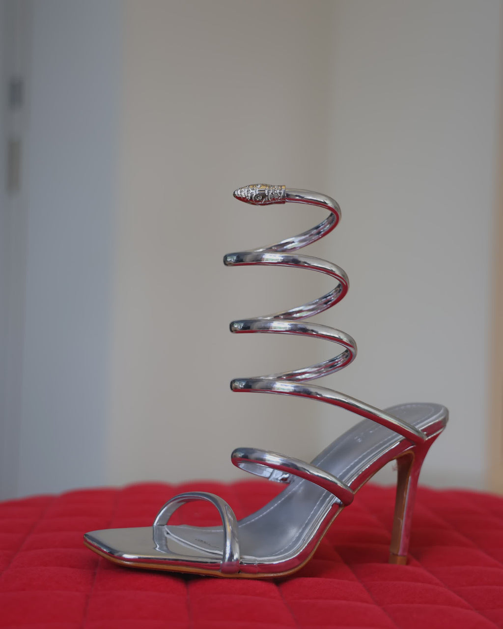 Silver Ankle Snake Wrap Stilletos