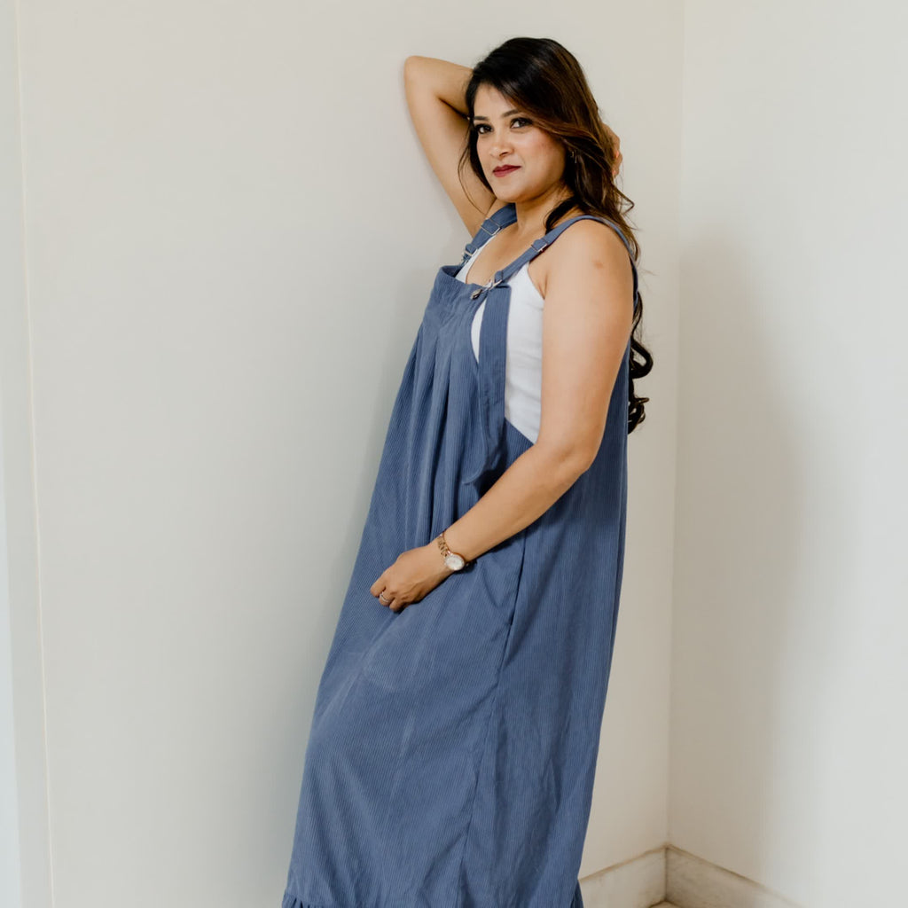 Dark blue corduroy dungaree dress