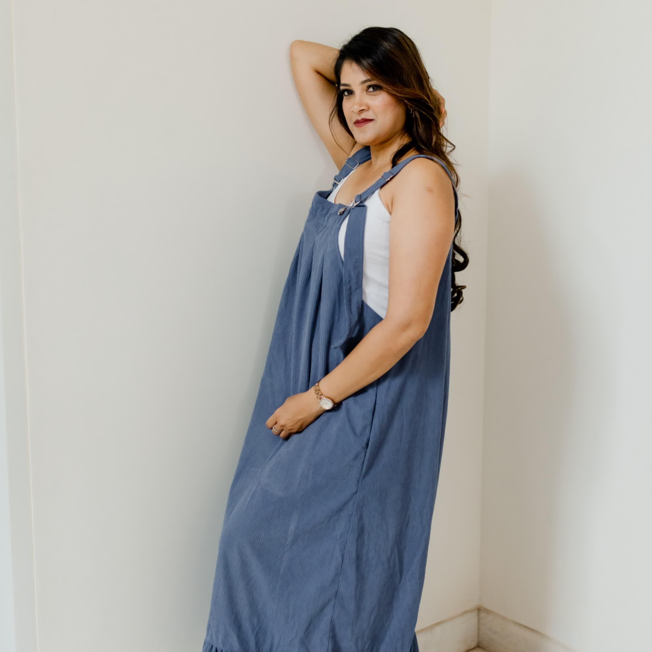 Dark blue corduroy dungaree dress