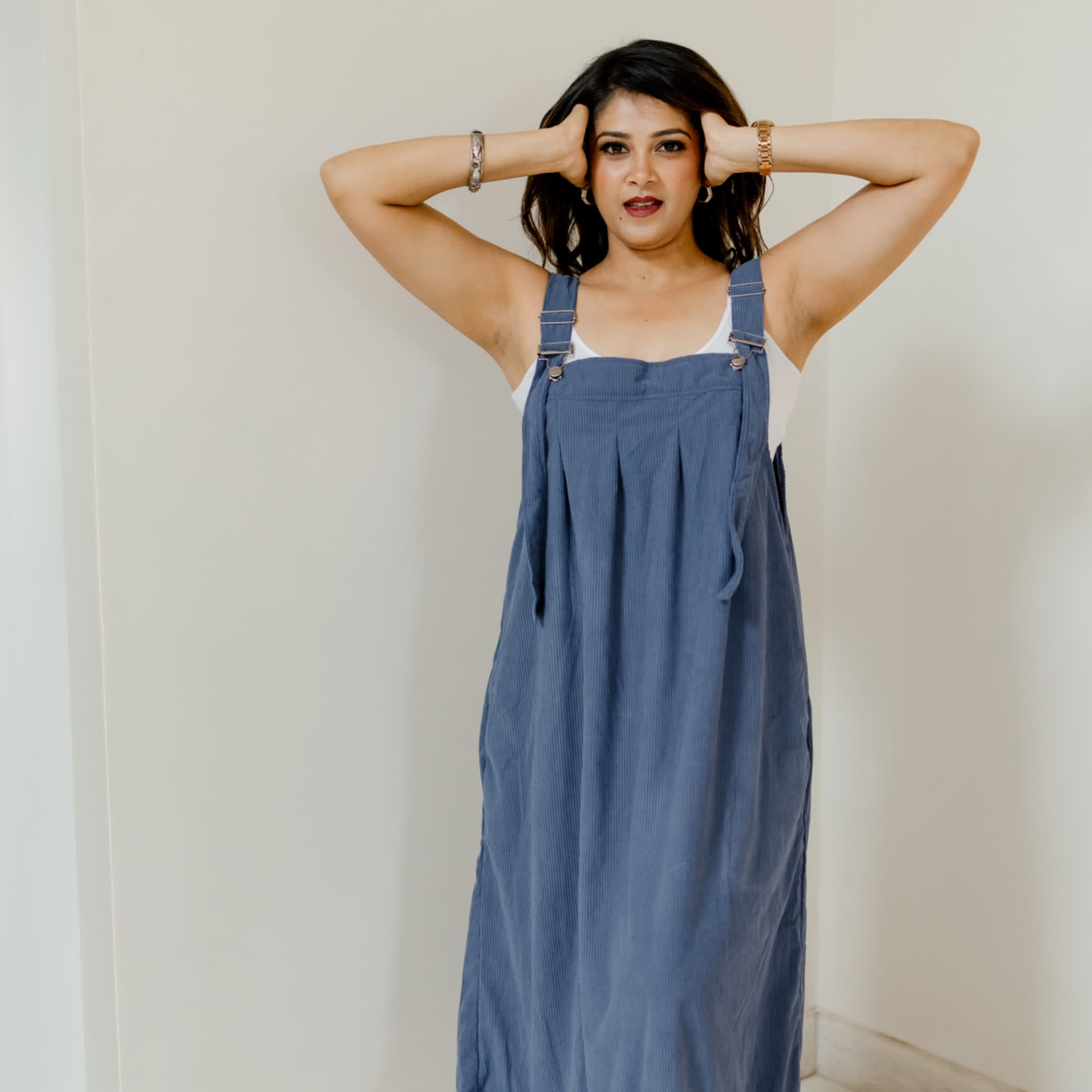 Dark blue corduroy dungaree dress