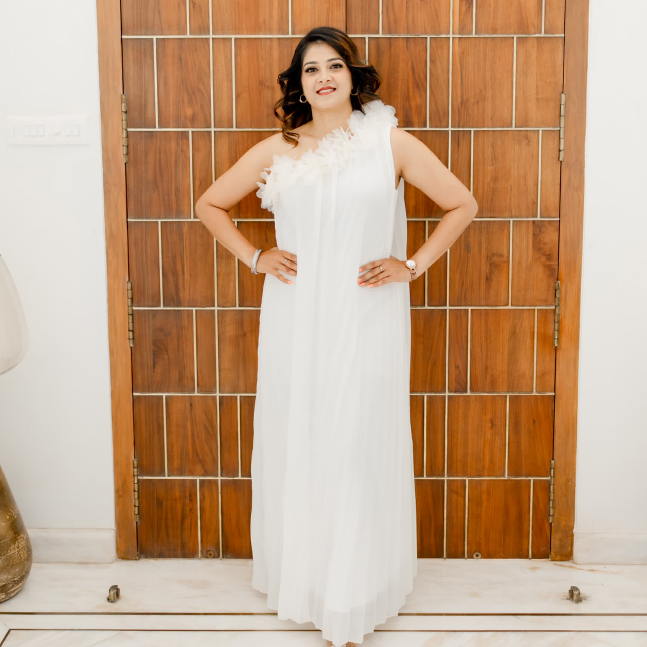 One shoulder white formal dress