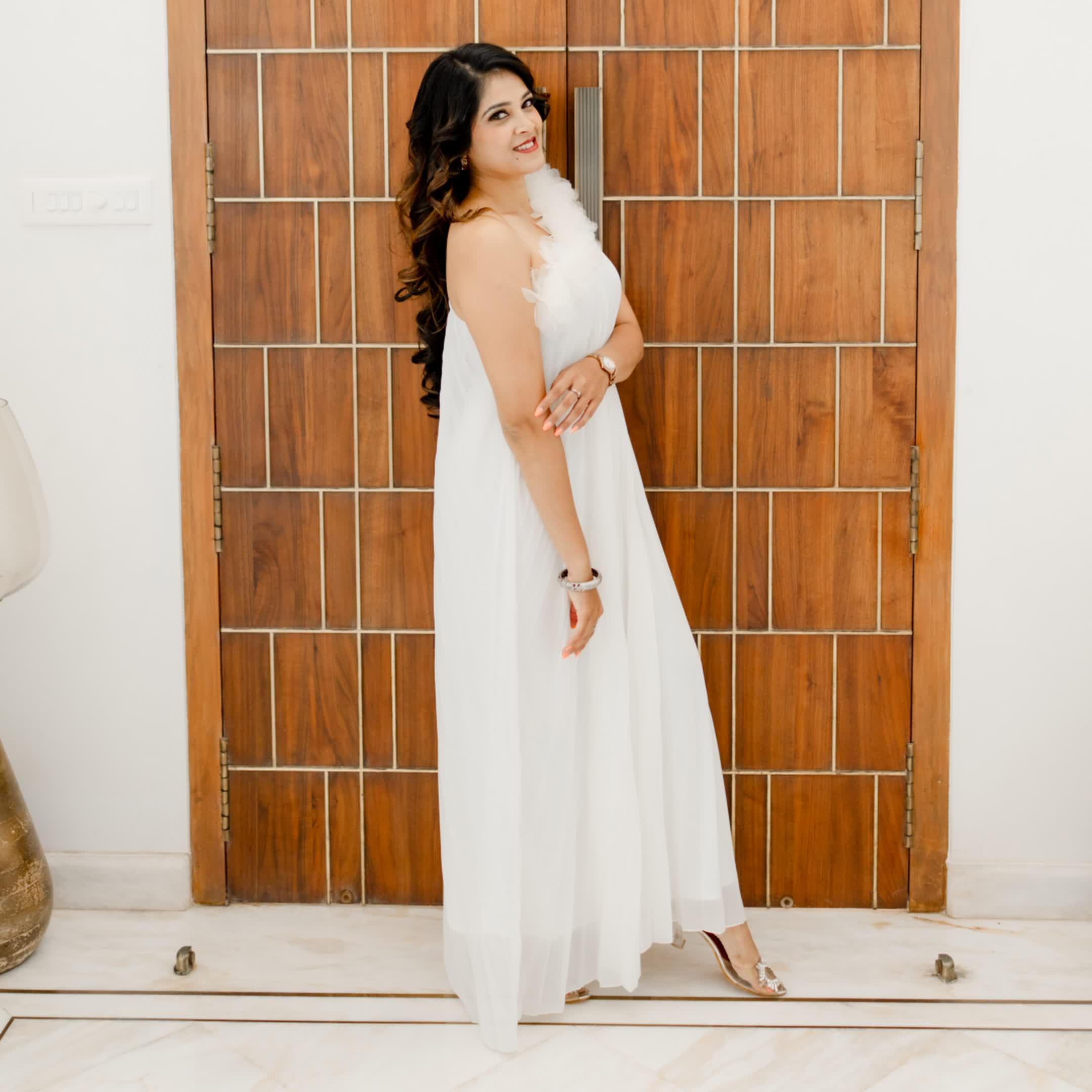 One shoulder white formal dress