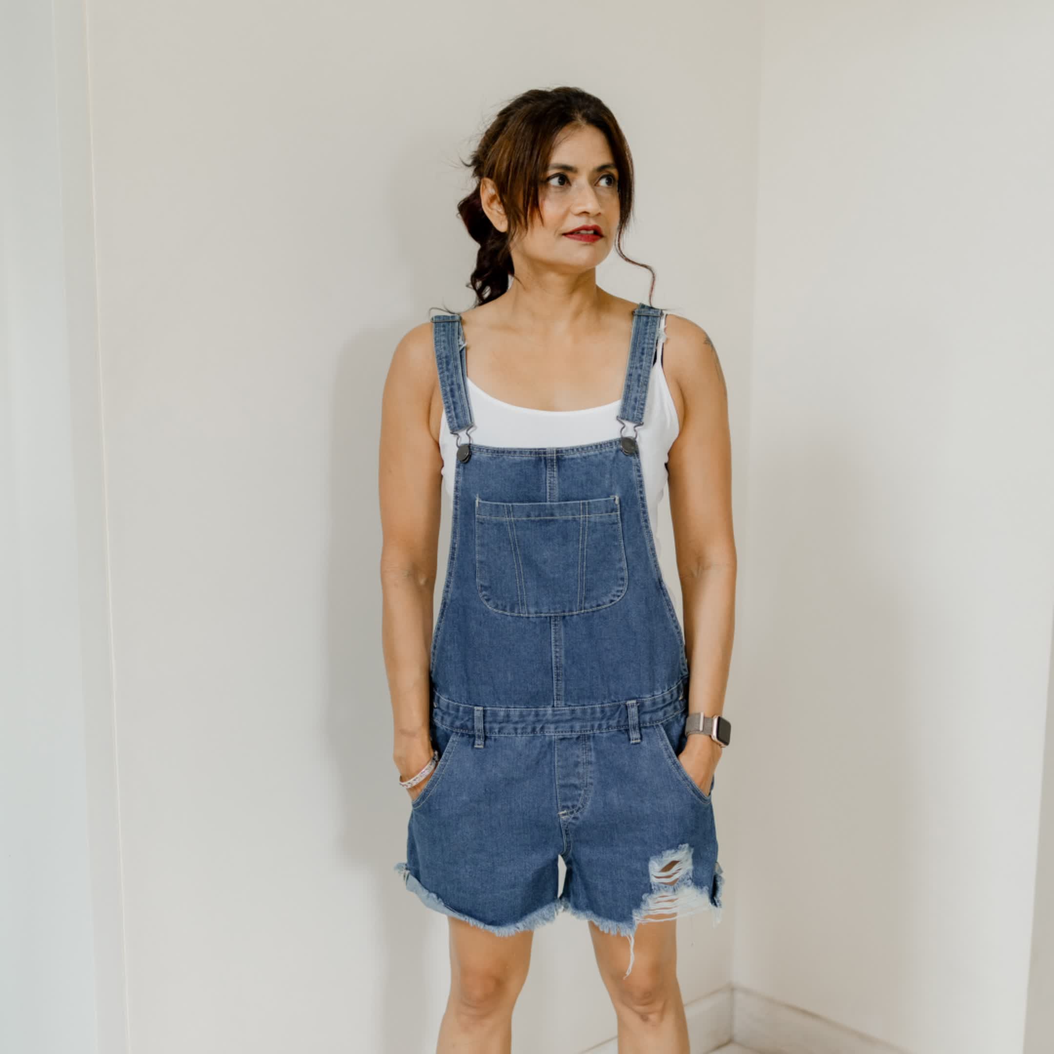 Short denim dungaree Destressed