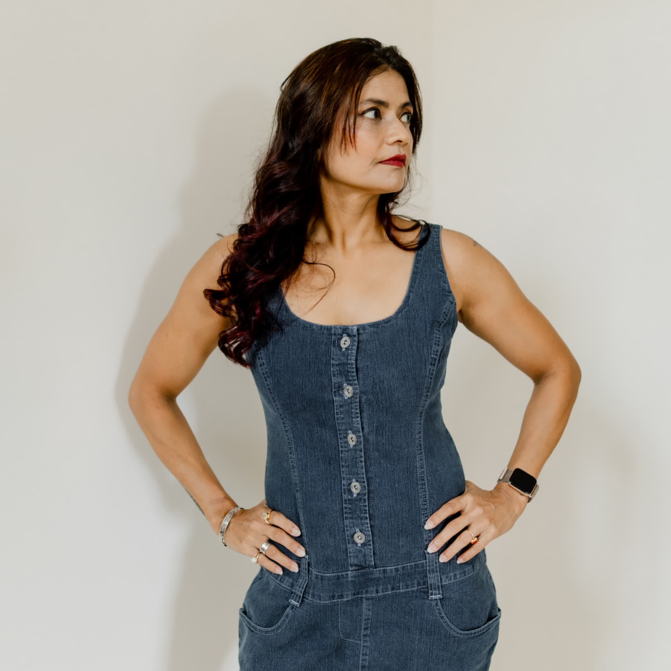 Dark blue denim dress front button with pockets