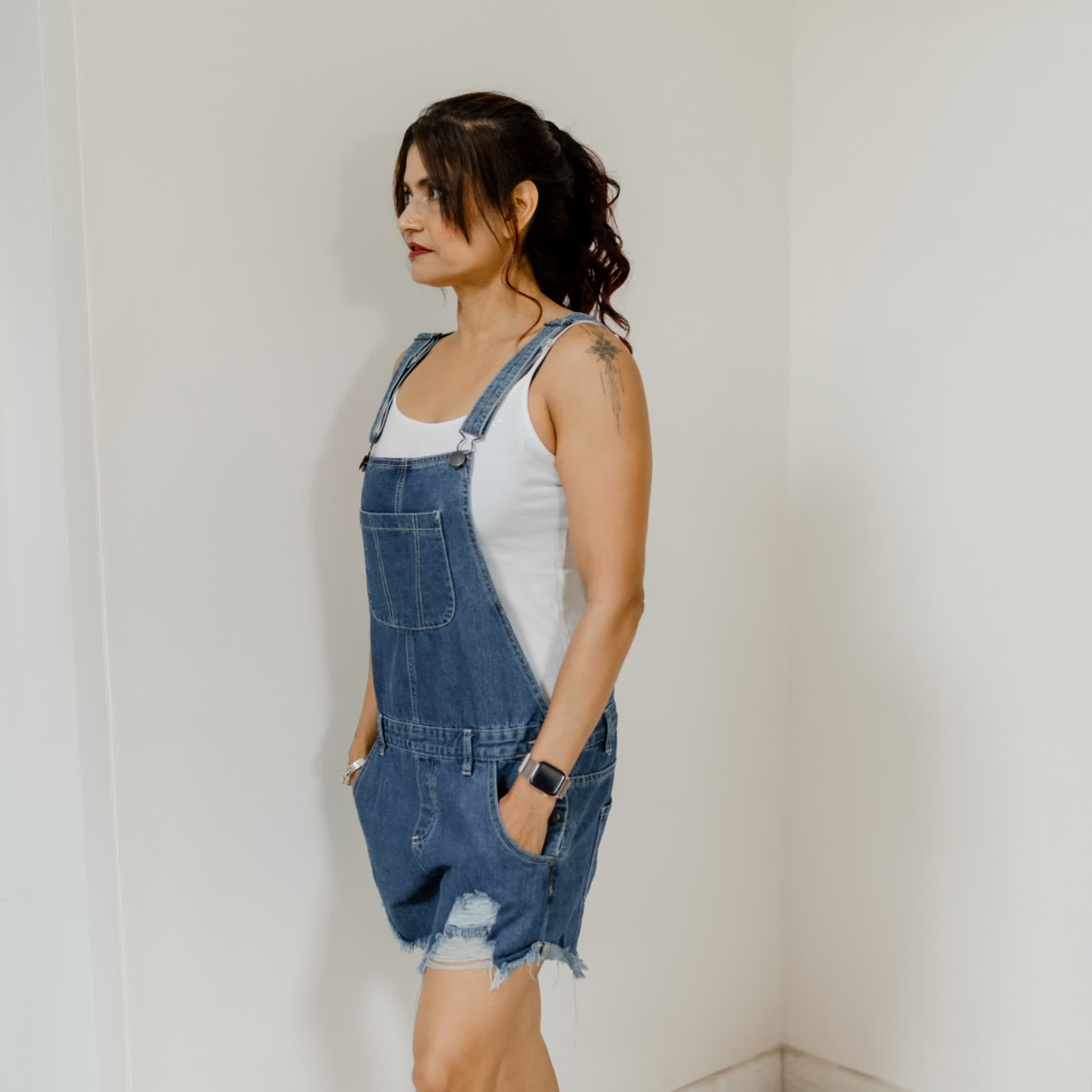 Short denim dungaree Destressed