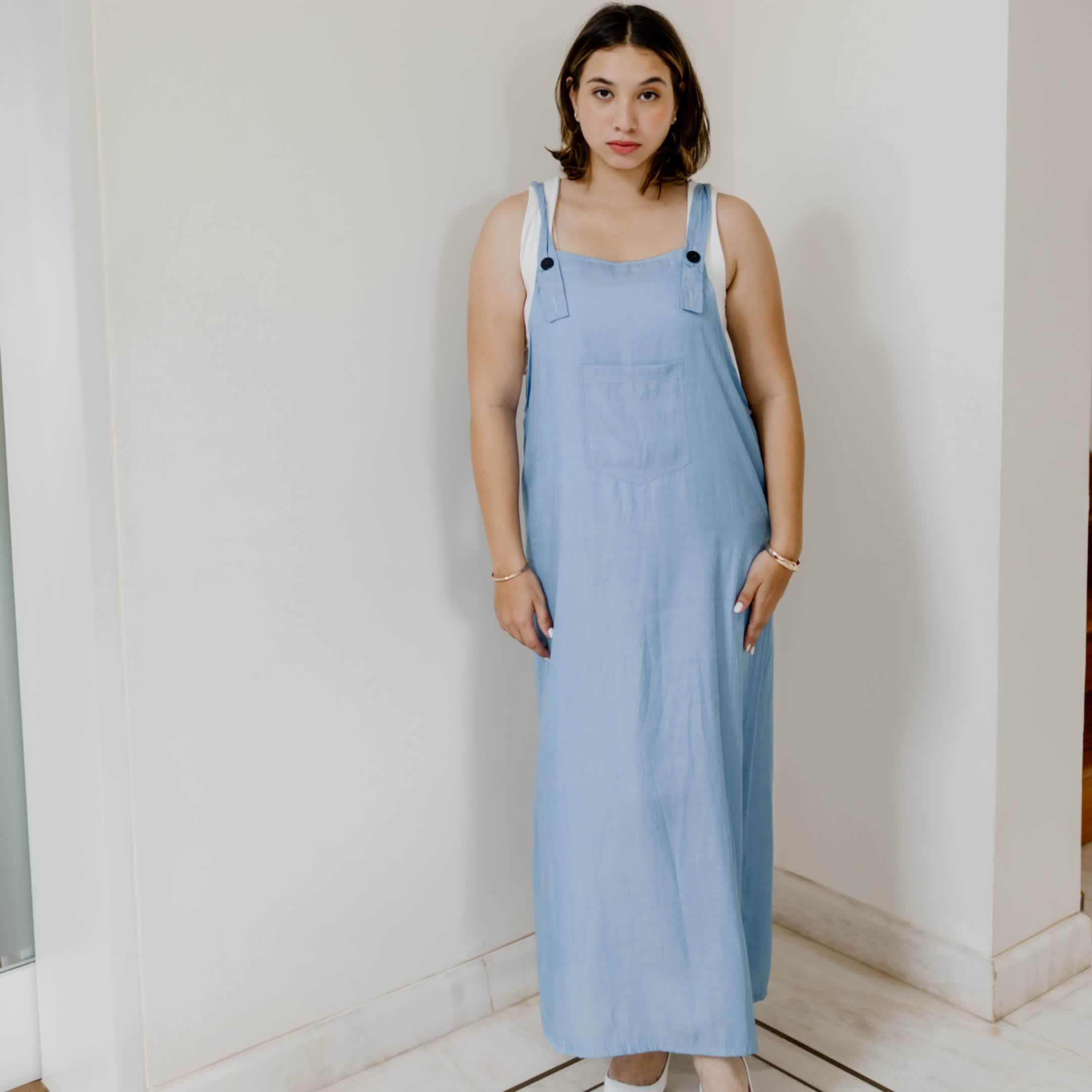 Long denim dungaree dress