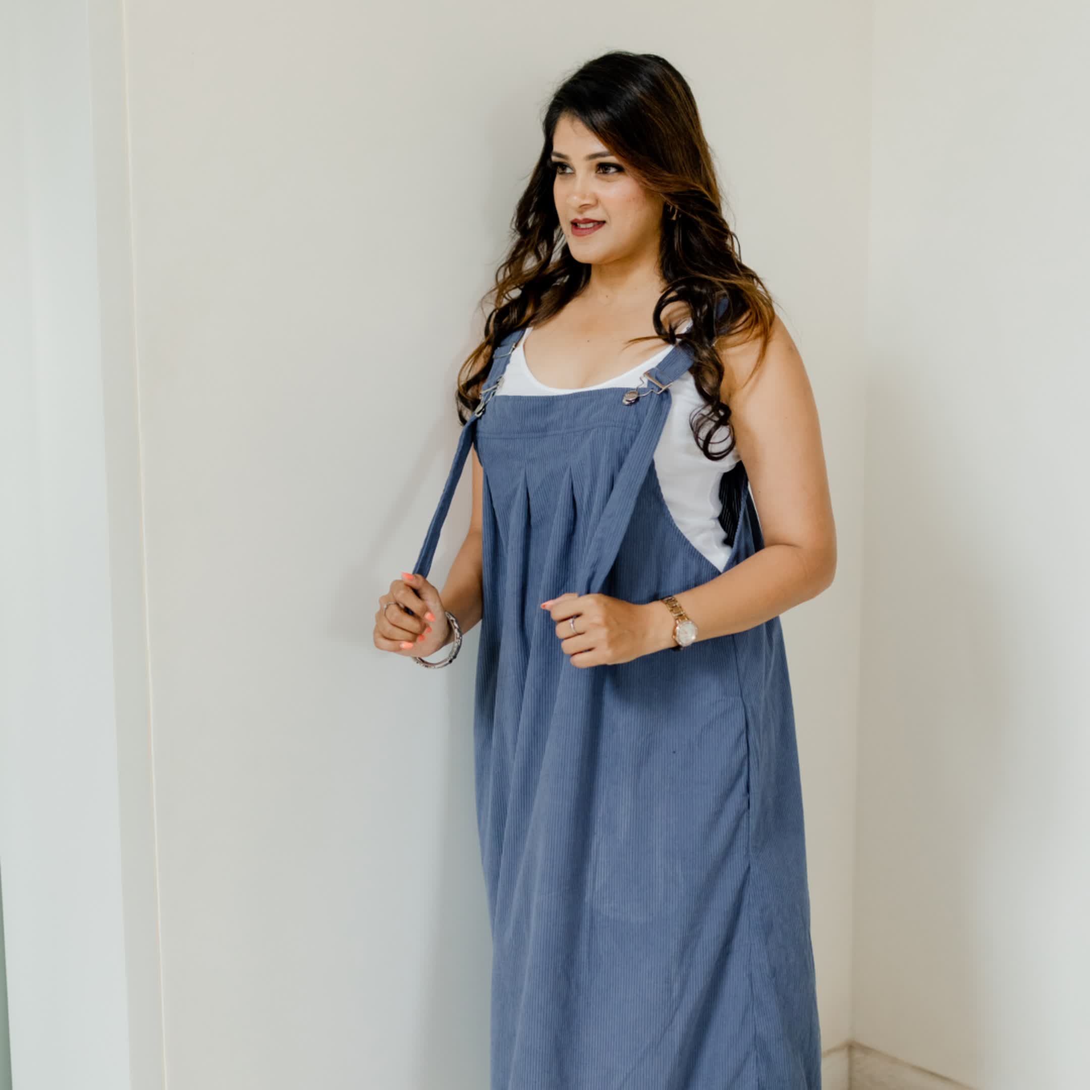Dark blue corduroy dungaree dress