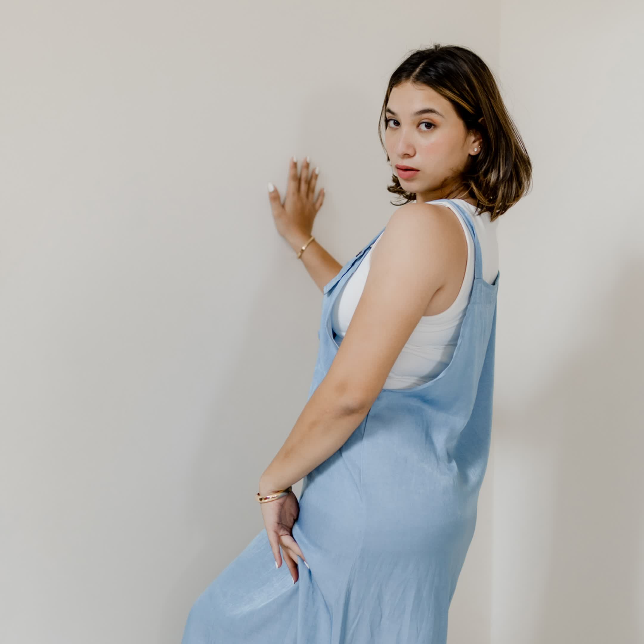 Long denim dungaree dress