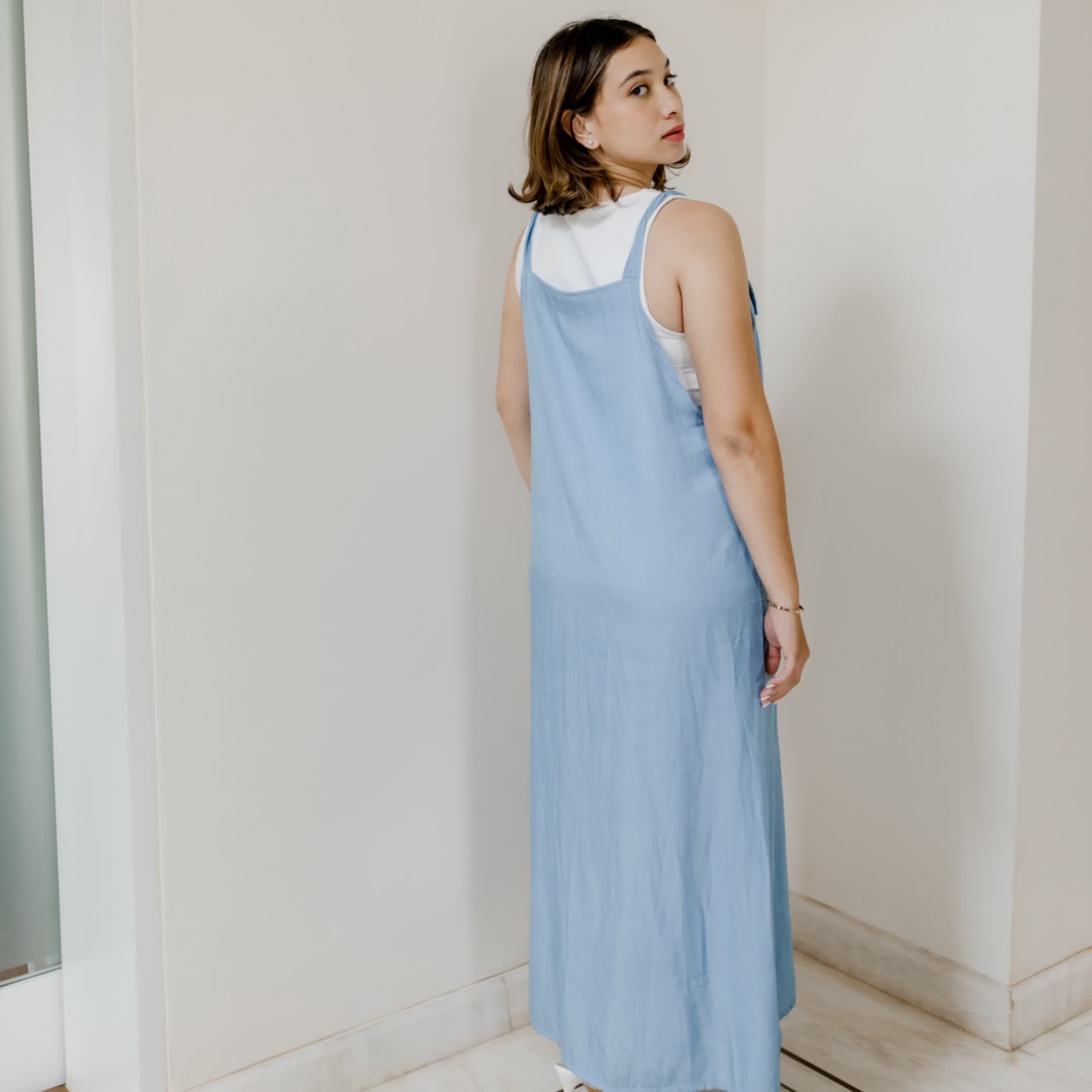 Long denim dungaree dress